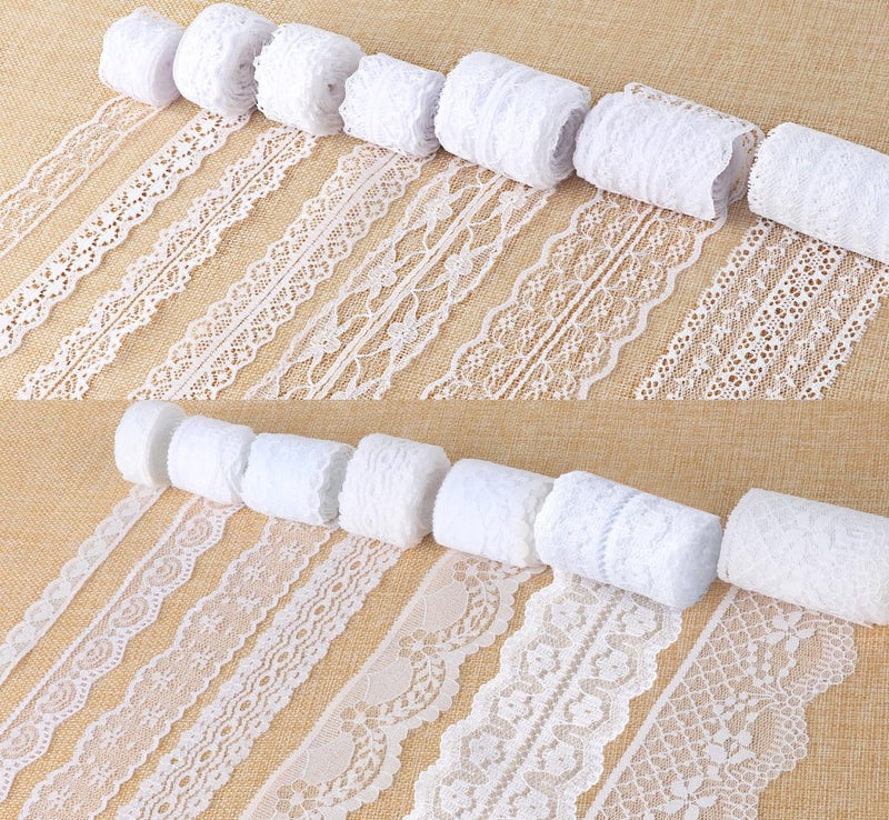 ilauke 46 Yards White Lace Ribbon 14 Rolls Vintage Lace Trims 0.6 to 2.1 inch Ribbon Laces with Assorted Pattern for Sewing, Crafts, Wedding Decor, Flower Ribbons, 3.28 Yards Each - Image 1